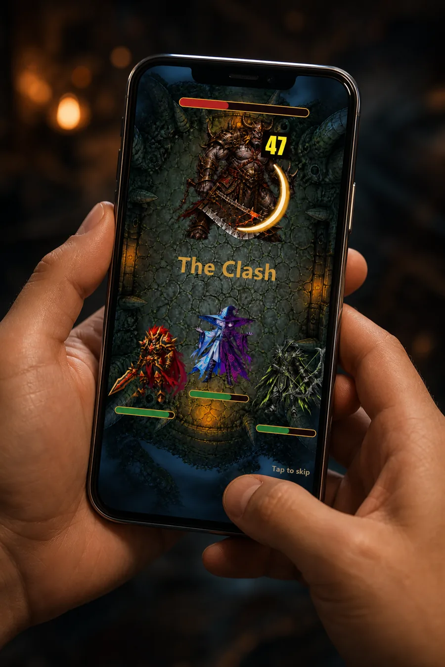 Hands holding a phone in portrait, playing a Heroes of Genesis battle