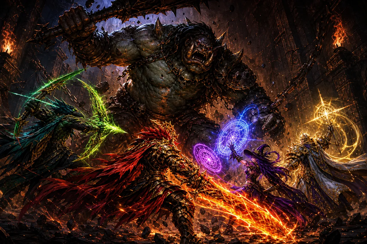 A party of heroes battling a colossal ogre boss