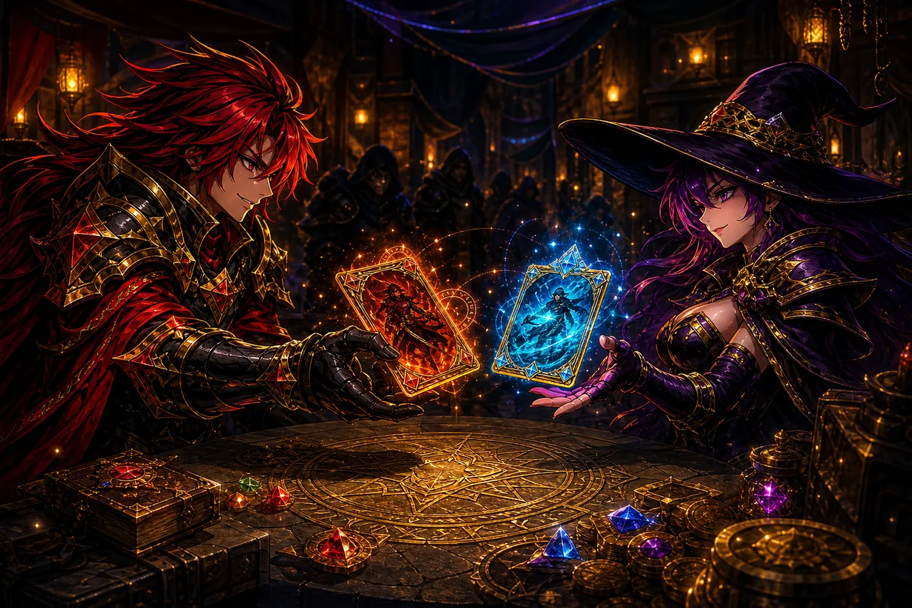 Two players trading glowing hero cards across a table