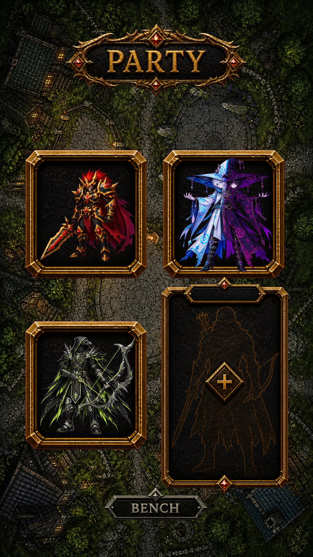 In-game party screen with hero seats and bench